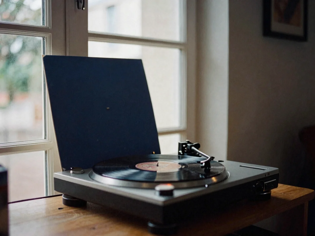 Wide ambient photograph of a vinyl record sleeve and turntable on